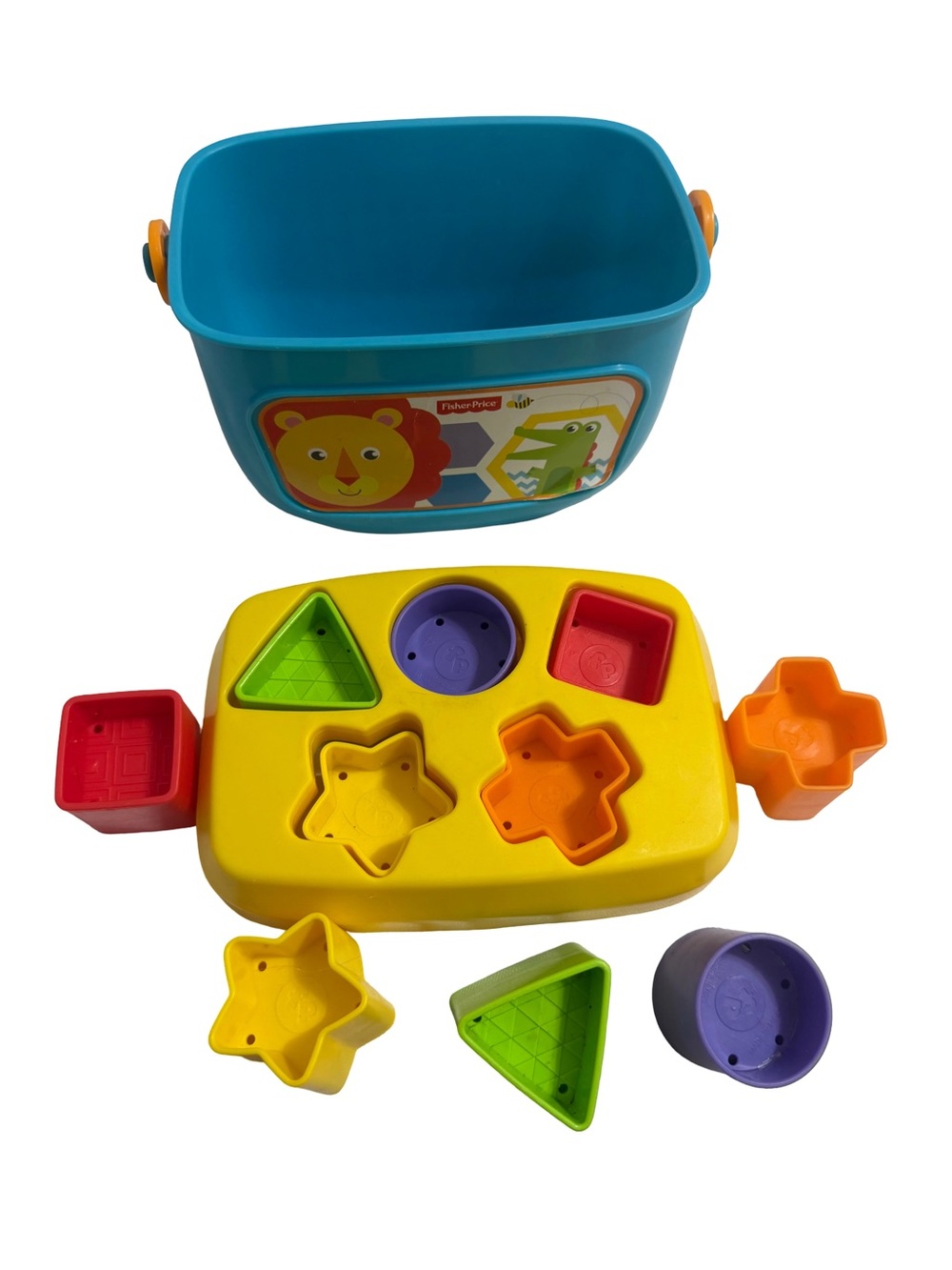Fisher-Price Blue and Yellow Shape Sorter Bucket with Multicolored Shapes